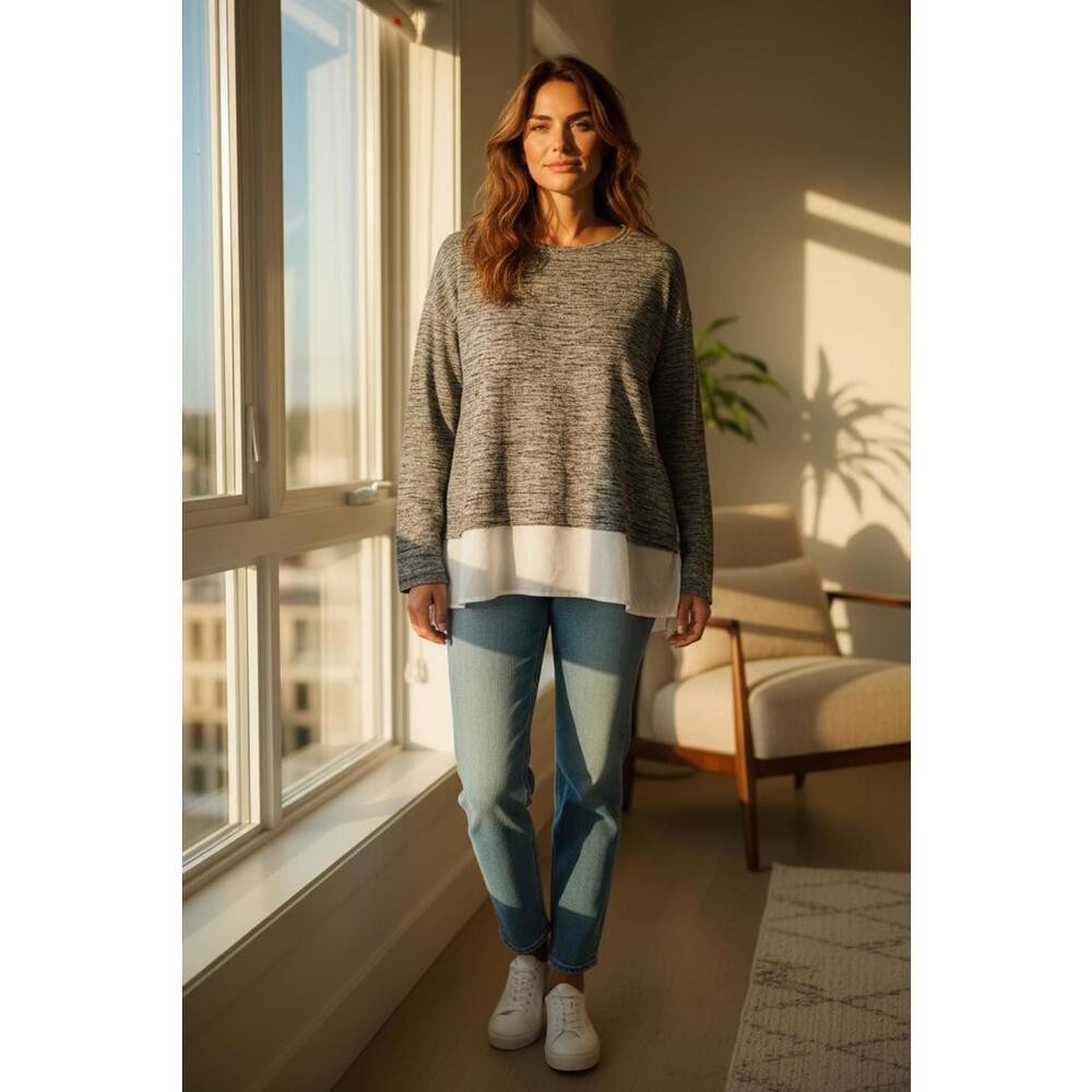 Jones New York Space Dye Layered Hem Mixed Media Top Grey White Large